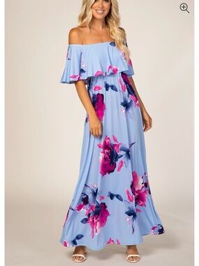 Sky Blue Floral Maxi Dress with Pink & Navy Accents